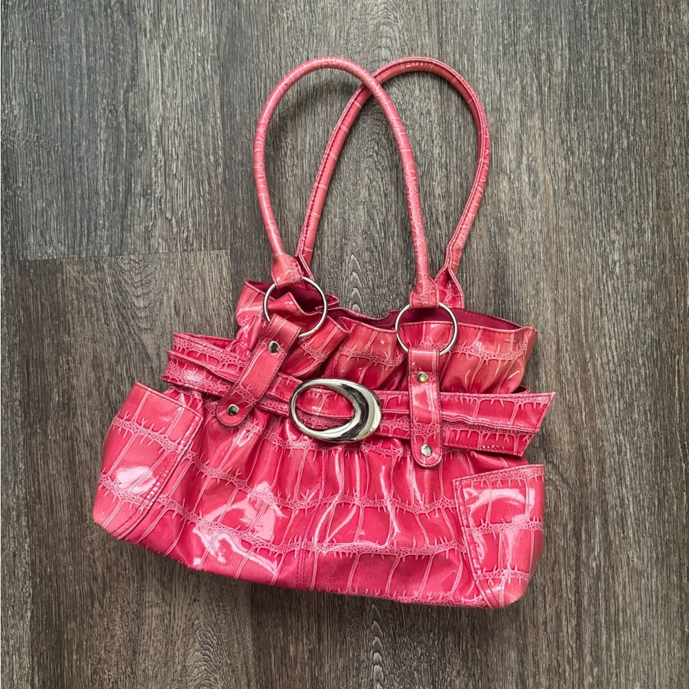 ‼️SOLD‼️ Pink Y2K Snake Skin Bucket Bag with Silver Accents Interior Metal Clasp